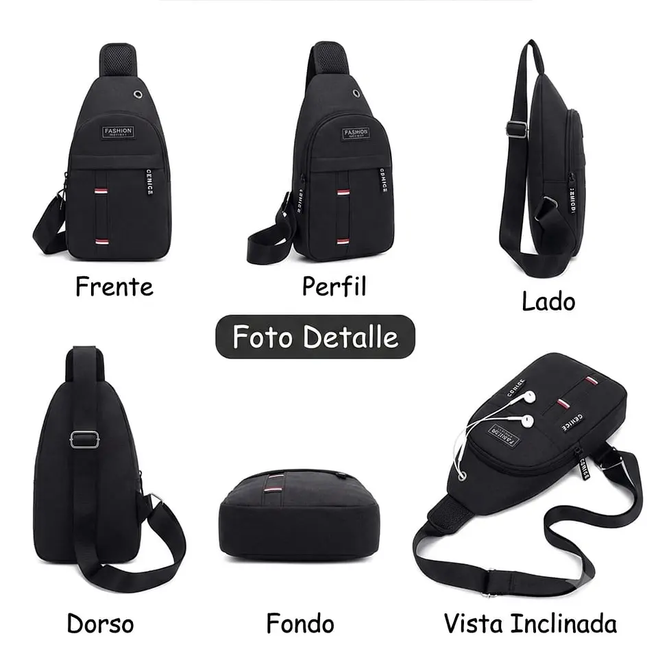 Morral Pechera Cruzado Con Salida Audifonos Negro 2