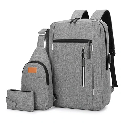 Set de Mochila para Laptop, Pechera y Billetera Gris