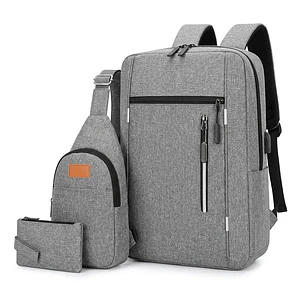 Set de Mochila para Laptop, Pechera y Billetera Gris