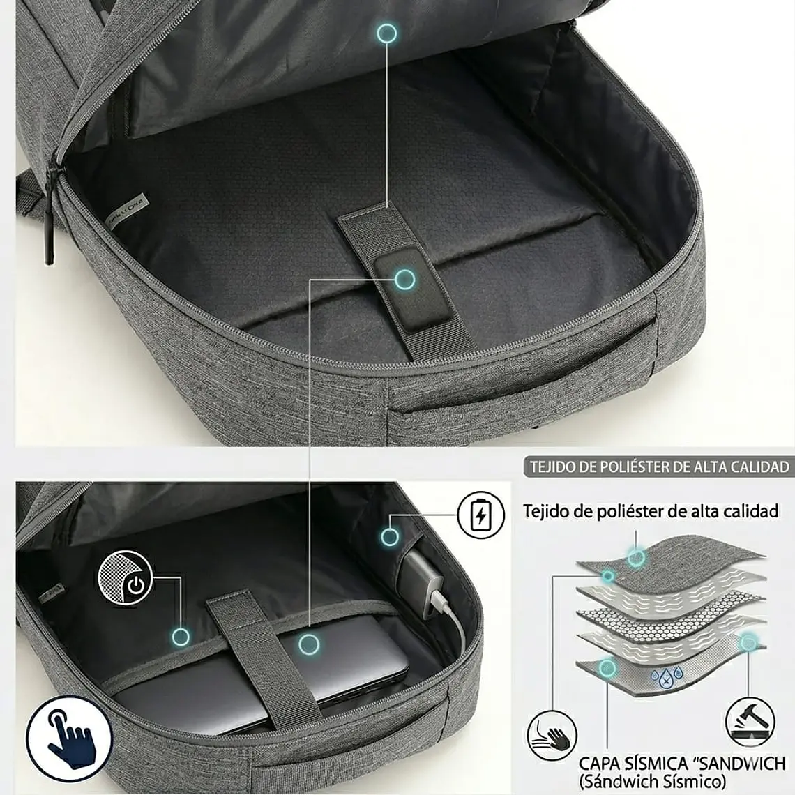 Set de Mochila para Laptop, Pechera y Billetera Gris 4