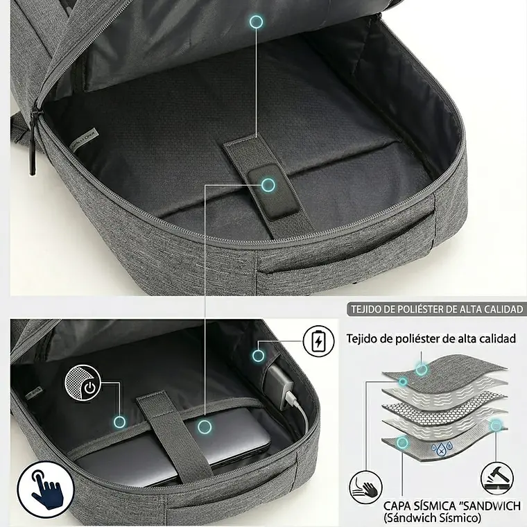 Set de Mochila para Laptop, Pechera y Billetera Gris 4