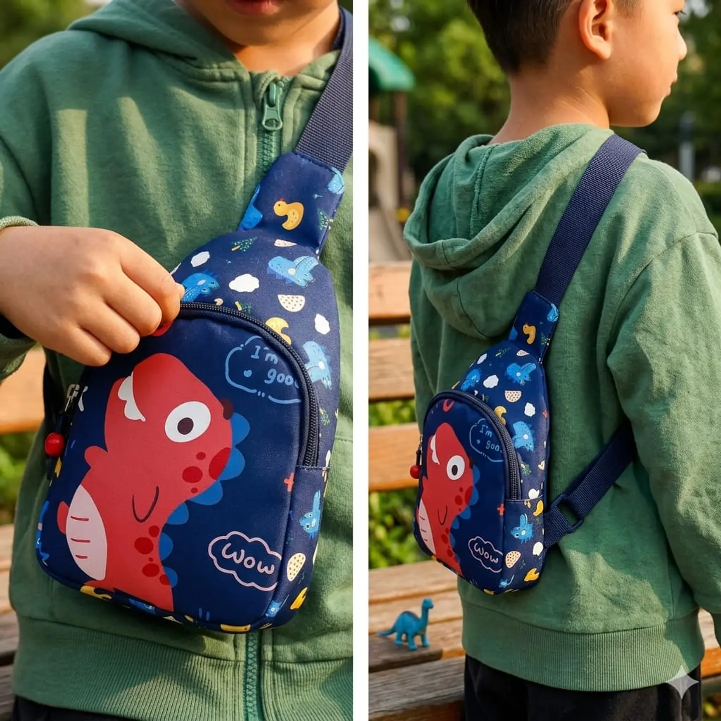 Mochila Cruzada Infantil Azul con Dinosaurio Rojo 2