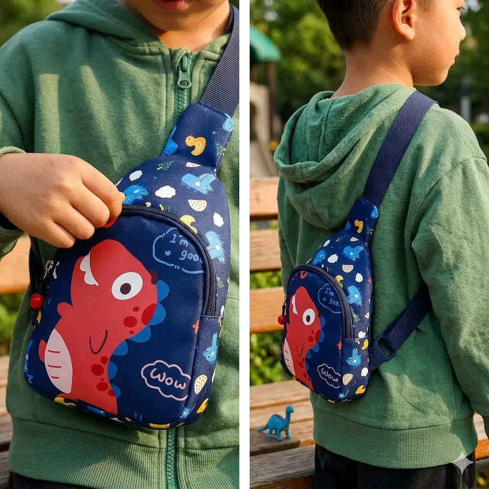 Mochila Cruzada Infantil Azul con Dinosaurio Rojo 2