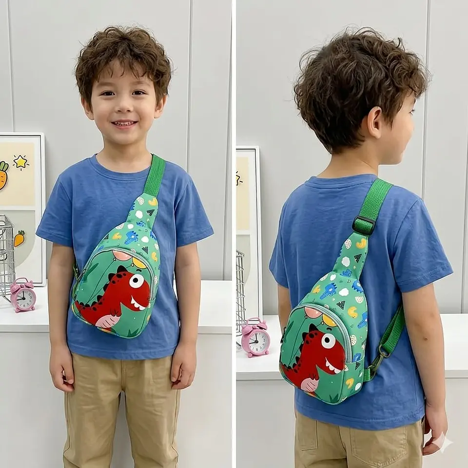 Mochila Cruzada Infantil Verde con Dinosaurio Rojo 2