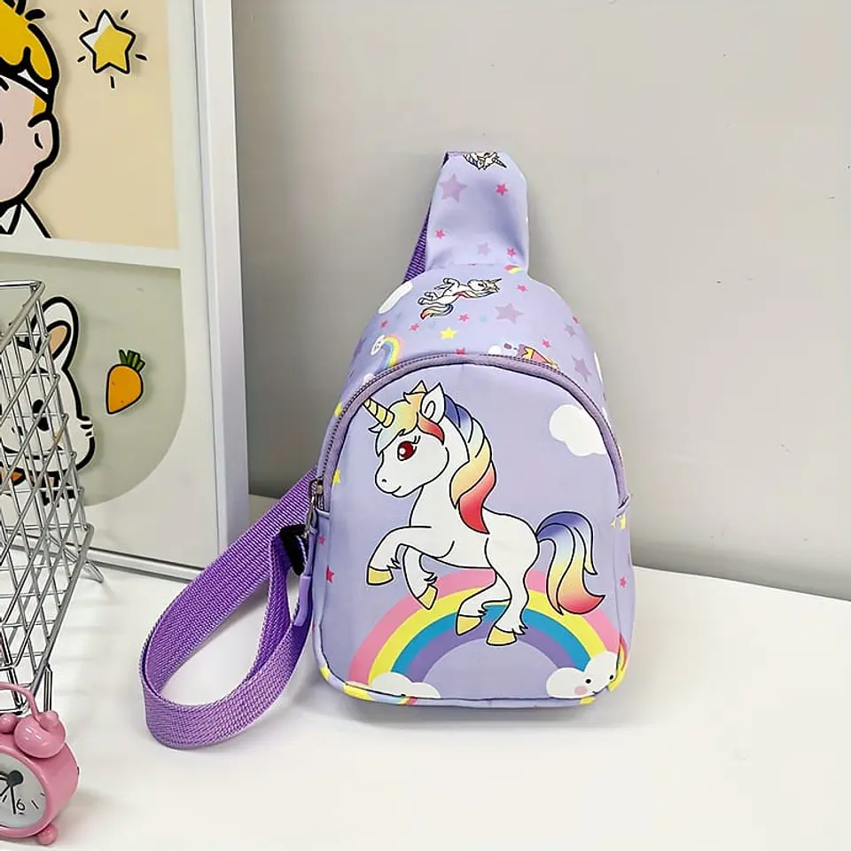 Mochila Cruzada Infantil Morada con Unicornio y Arcoiris Abajo 1