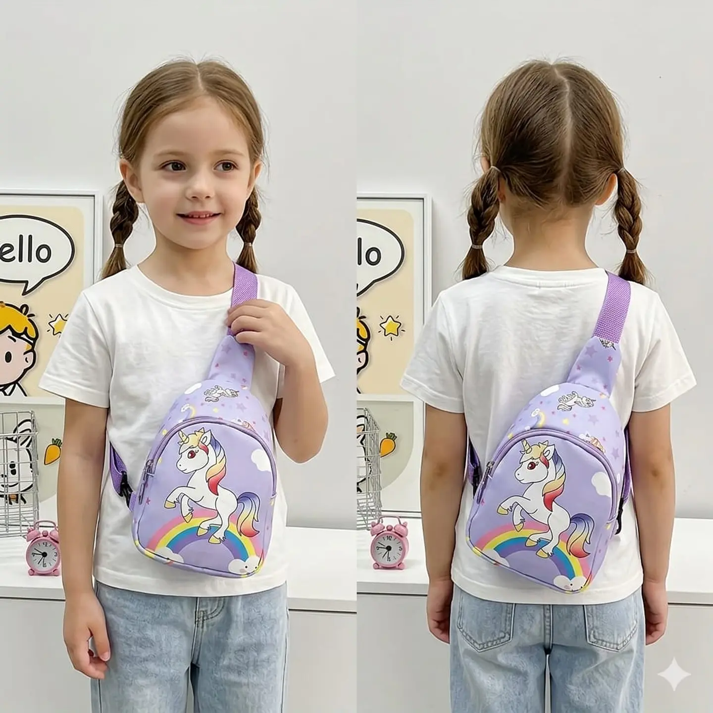 Mochila Cruzada Infantil Morada con Unicornio y Arcoiris Abajo 2