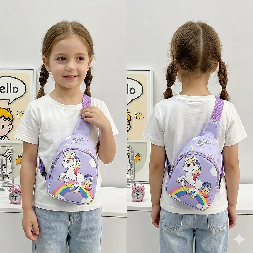 Mochila Cruzada Infantil Morada con Unicornio y Arcoiris Abajo 2