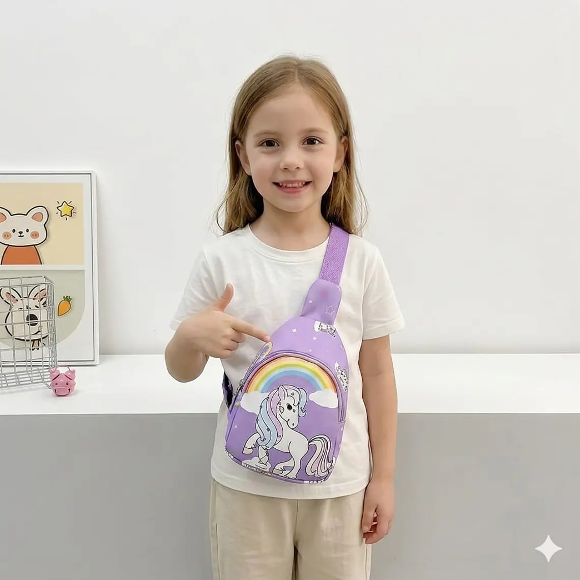 Mochila Cruzada Infantil Morada con Unicornio y Arcoiris Arriba 2