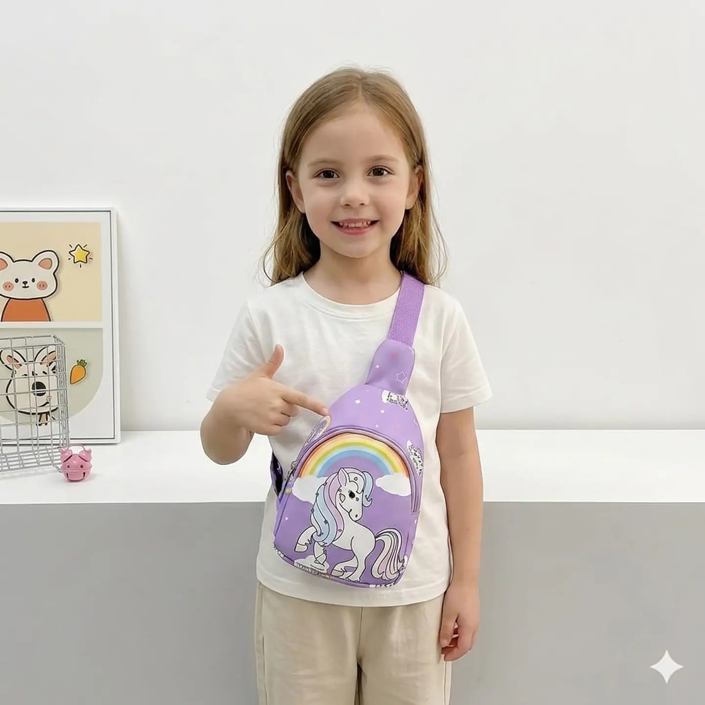 Mochila Cruzada Infantil Morada con Unicornio y Arcoiris Arriba 2
