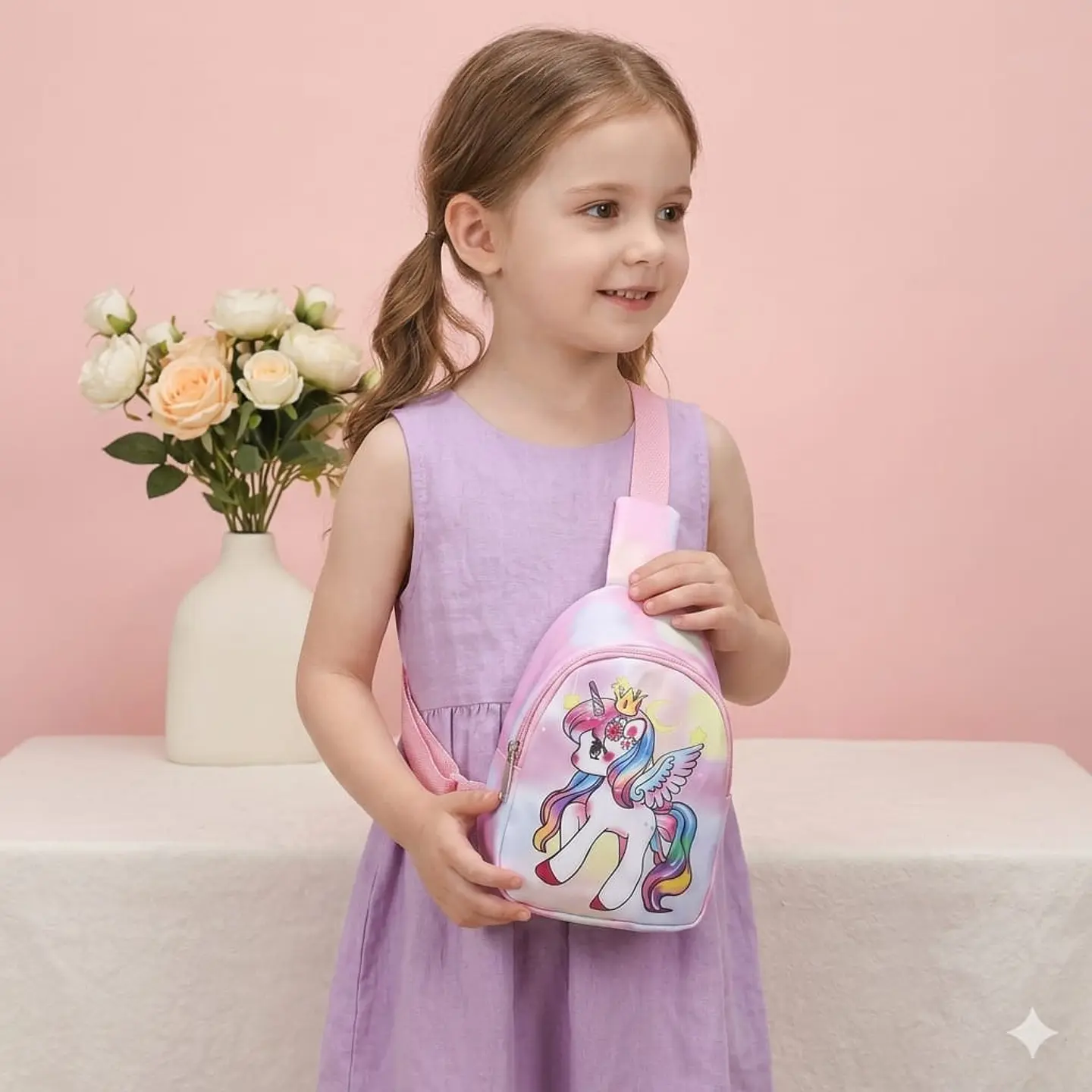 Mochila Cruzada Infantil Rosa con Unicornio Alado 2