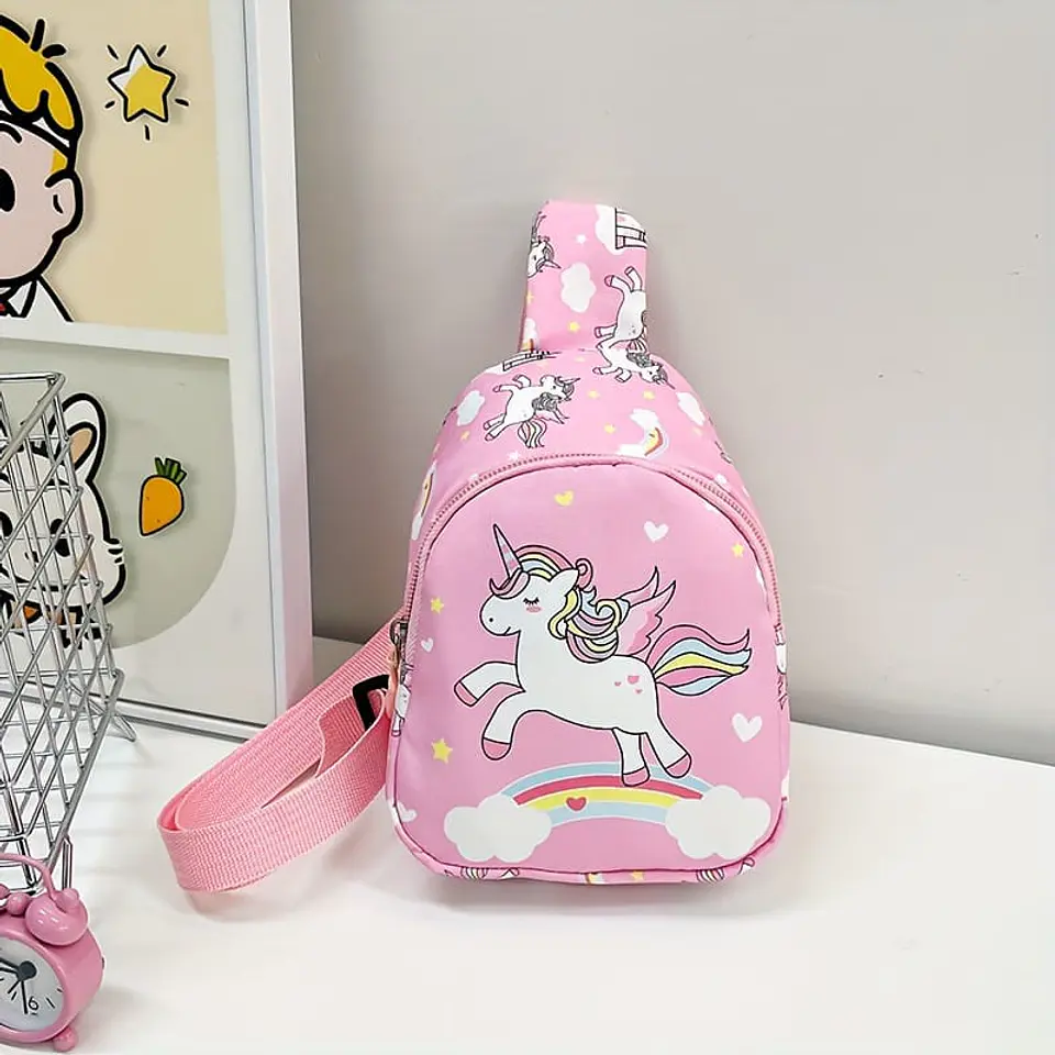 Mochila Cruzada Infantil Rosa con Unicornio Sobre Arcoiris 1