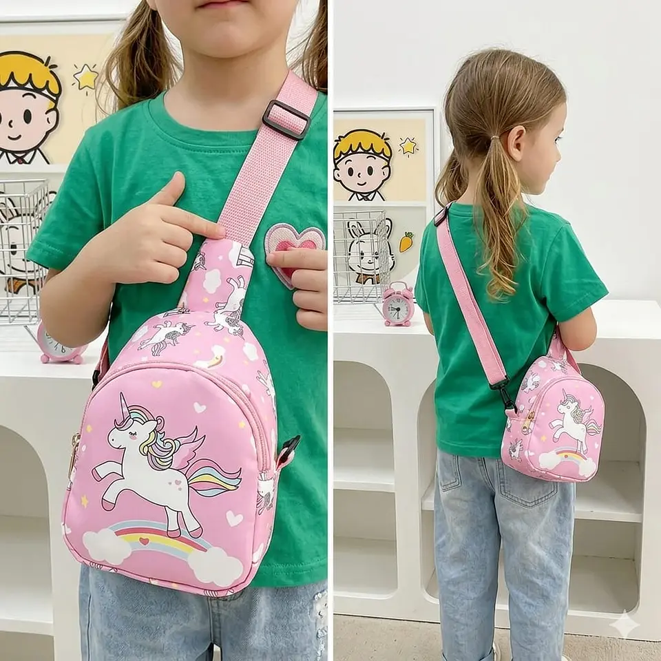Mochila Cruzada Infantil Rosa con Unicornio Sobre Arcoiris 2
