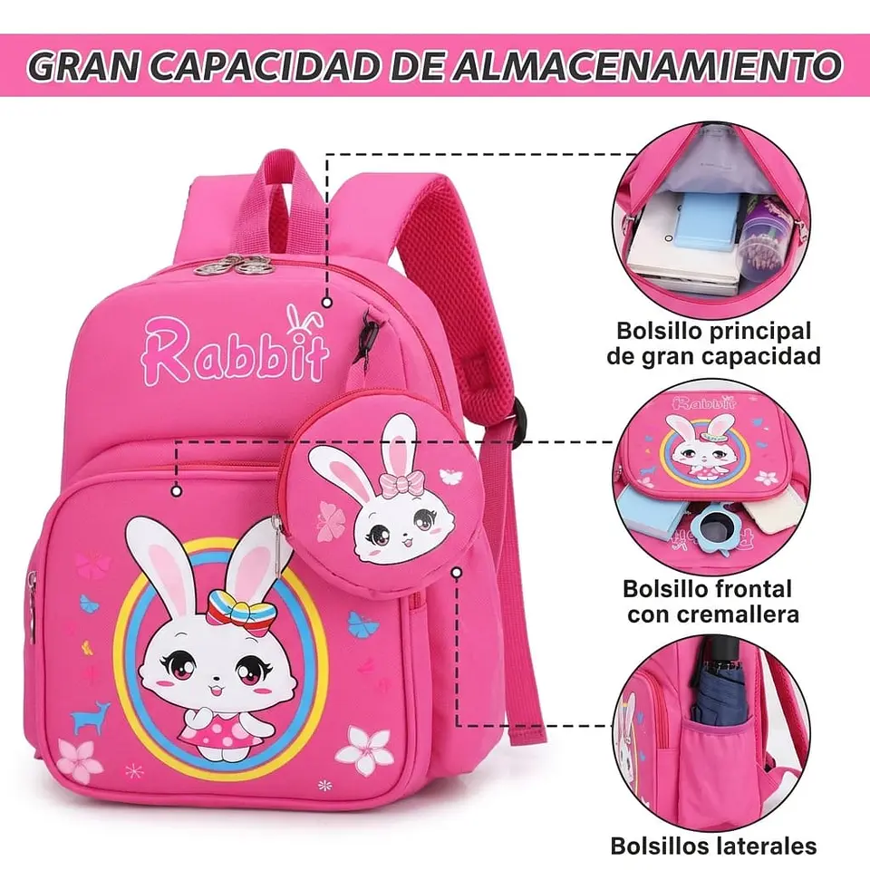 Mochila Escolar Infantil Rosa de Conejo con Monedero 2