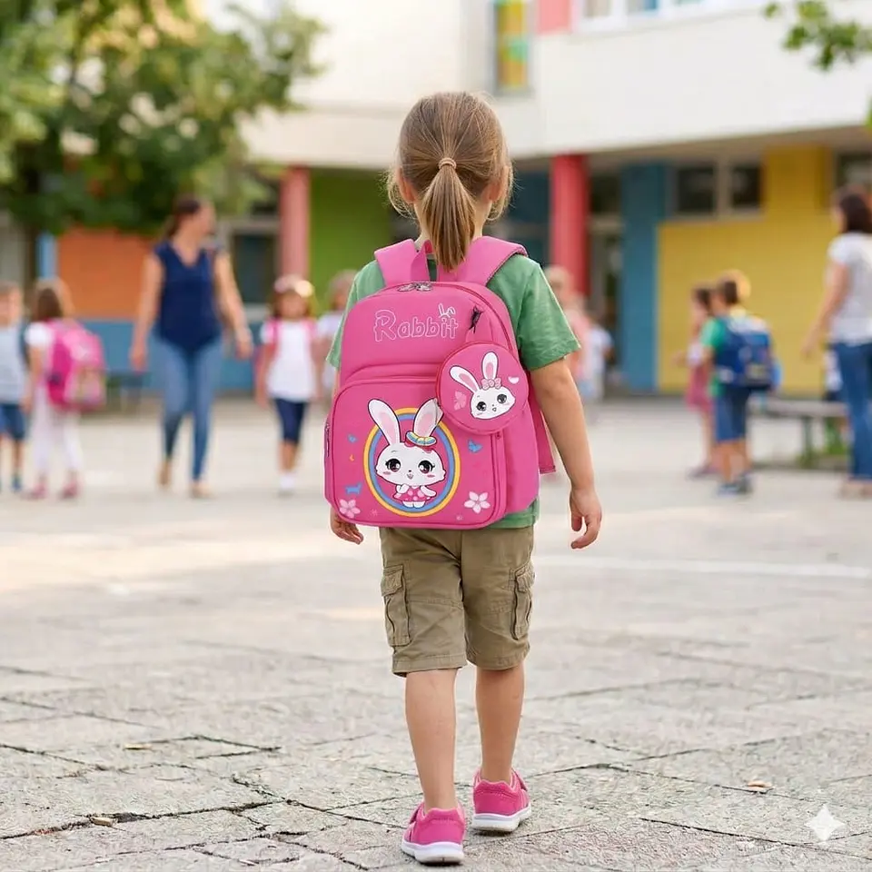 Mochila Escolar Infantil Rosa de Conejo con Monedero 3