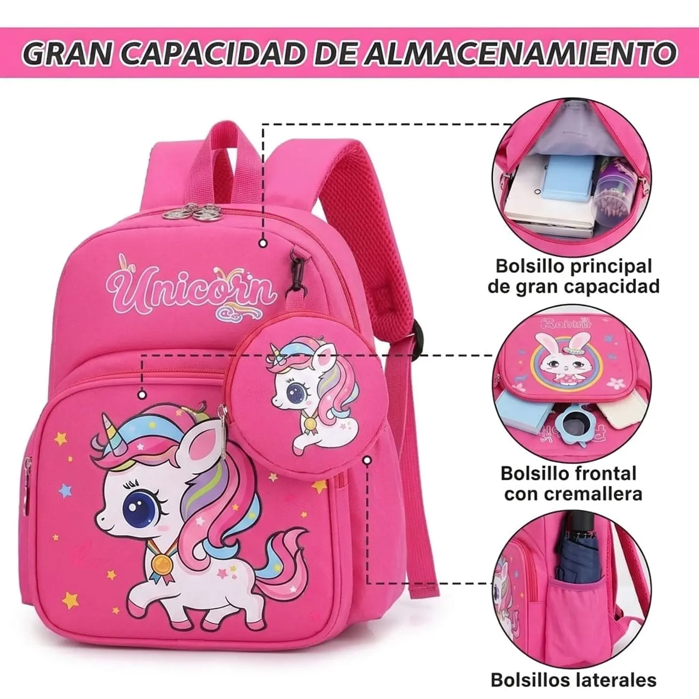 Mochila Escolar Infantil Rosa de Unicornio con Monedero 2