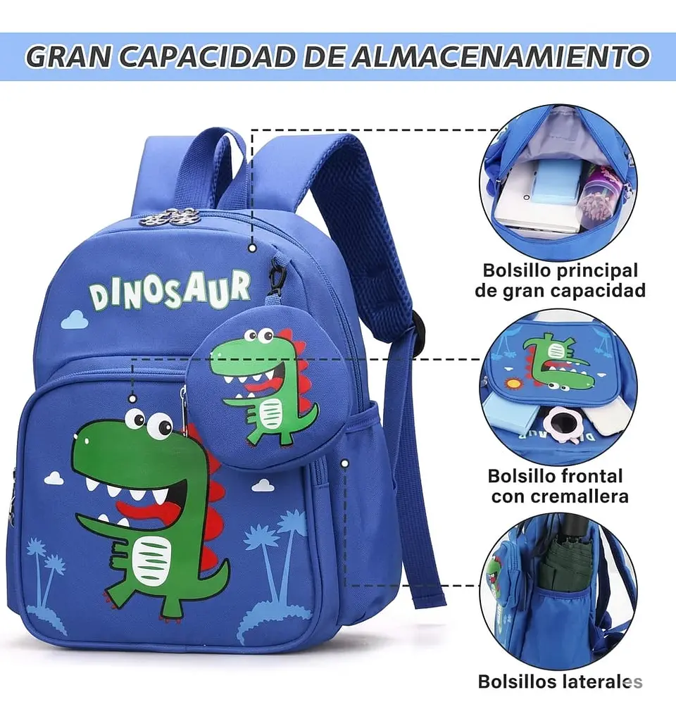 Mochila Escolar Infantil Azul de Dinosaurio con Monedero 2