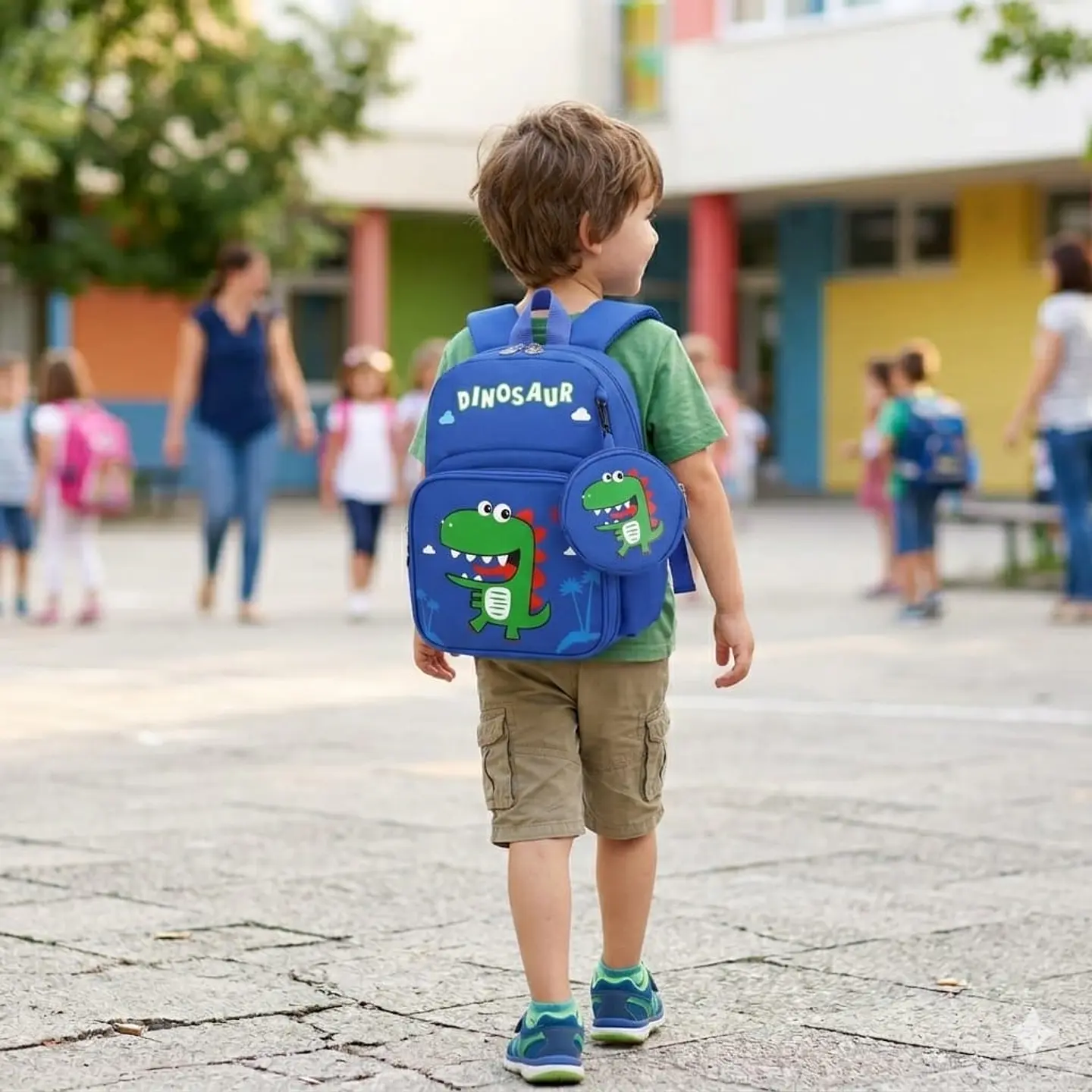 Mochila Escolar Infantil Azul de Dinosaurio con Monedero 3