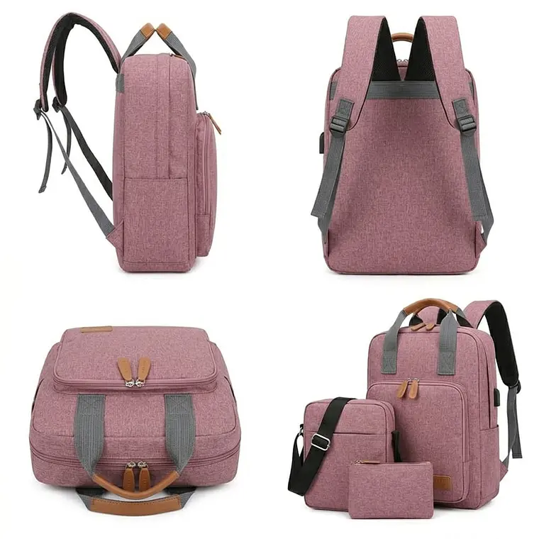 Set Mochila 3 en 1 Ejecutiva Rosa | Bolso Cruzado y Estuche de Mano 2