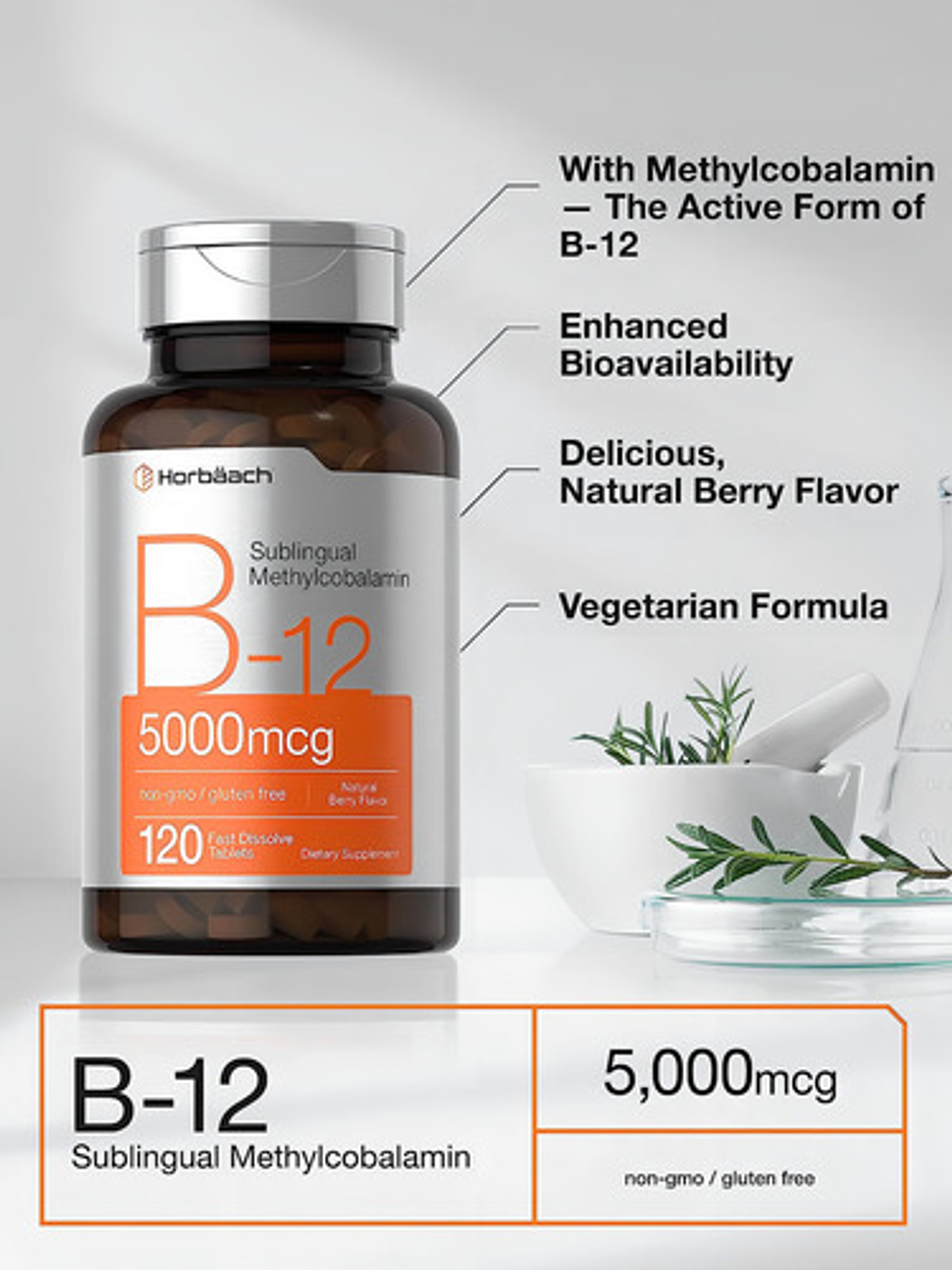 Vitamina B12 Sublingual 5000mcg 120 Tabletas Horbaach 3