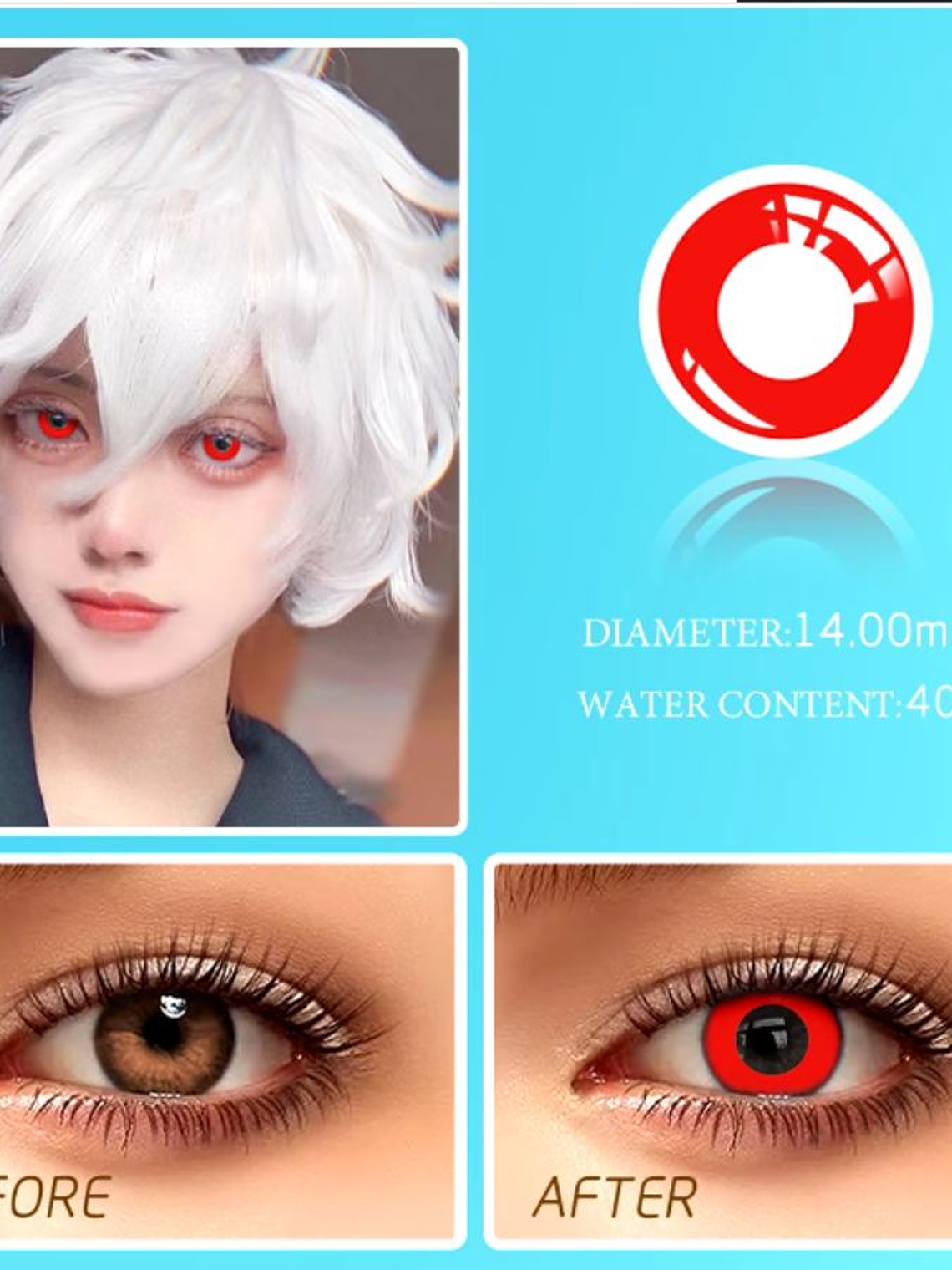 Lentes De Contacto Halloween, Cosplay Anime ROJO SIN ARO 2