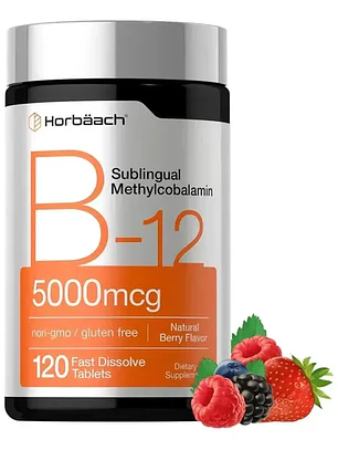 Horbaach | Vitamin B-12 5000mcg | Vitamina B12 Sublingual Metilcobalamina | 120 Tabletas Frutos Rojos