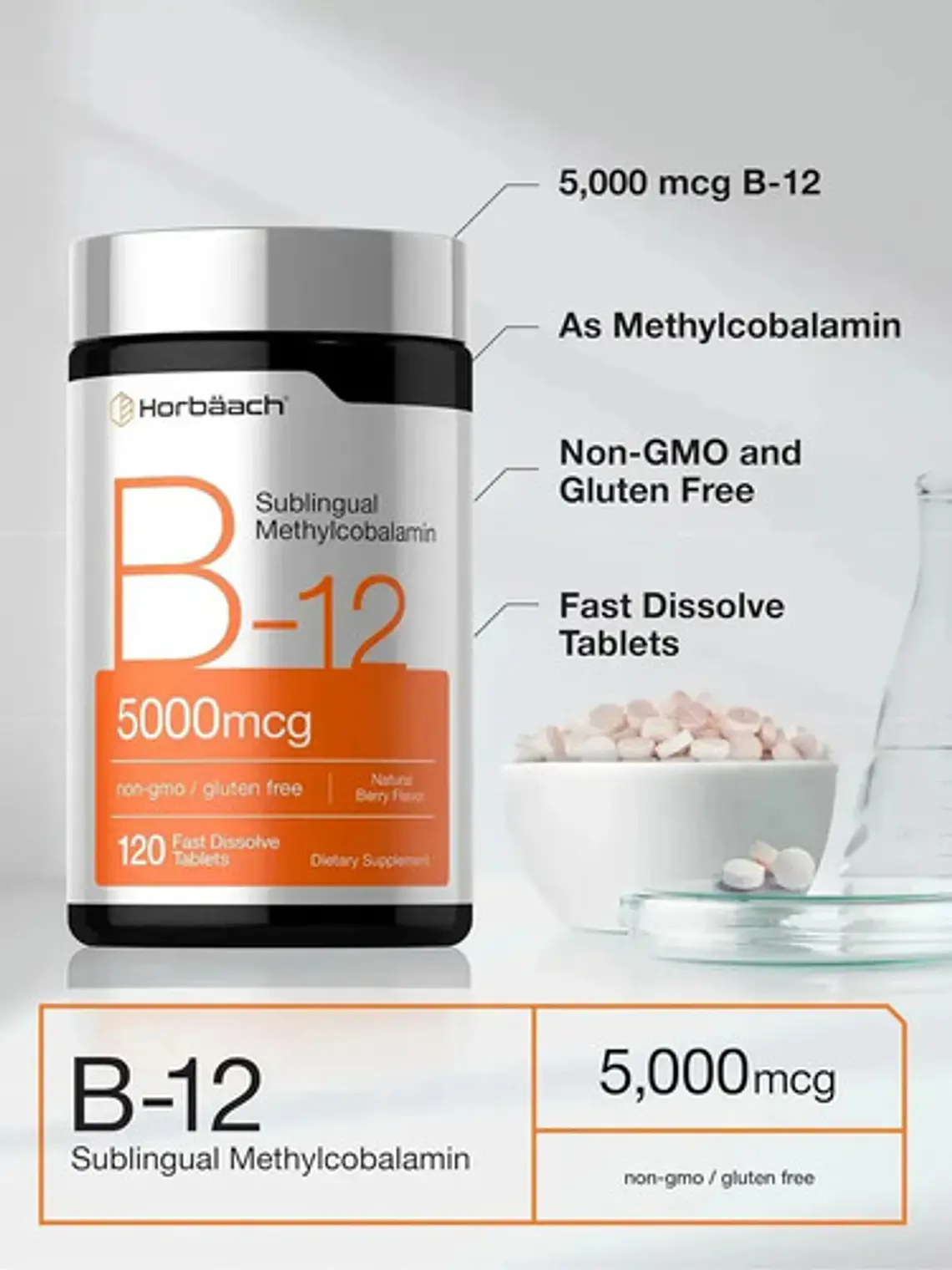 Horbaach | Vitamin B-12 5000mcg | Vitamina B12 Sublingual Metilcobalamina | 120 Tabletas Frutos Rojos 4
