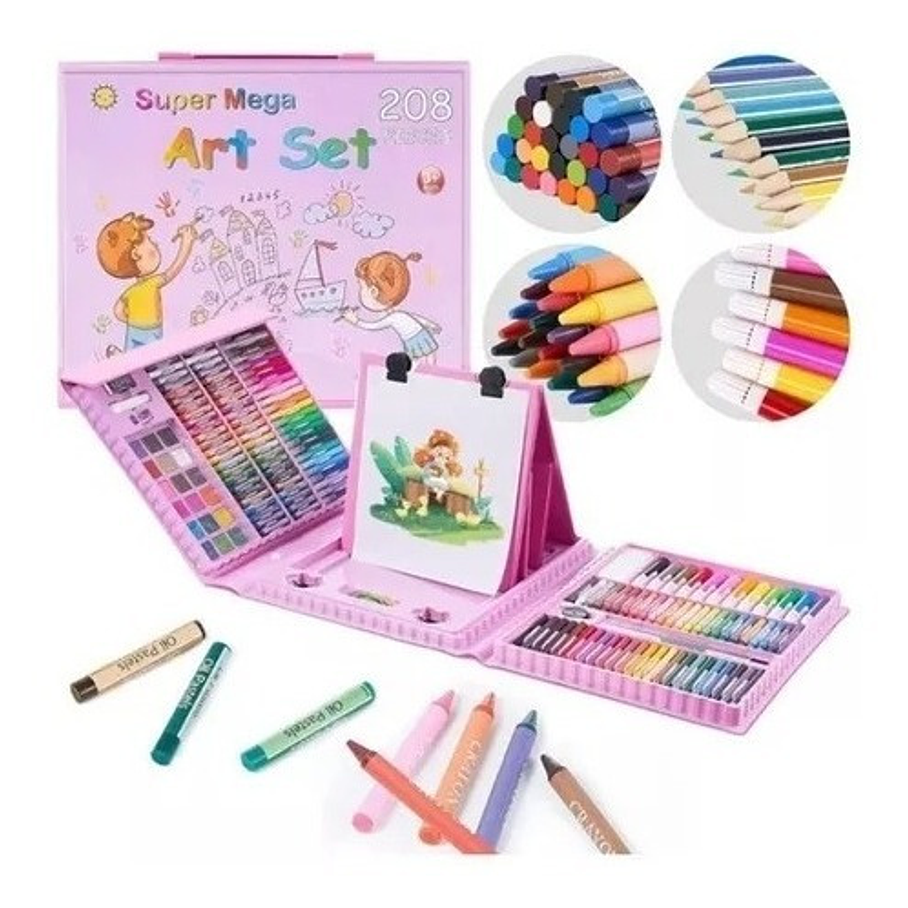 208 Piezas De Arte Para Niña Kit Set De Dibujo Portátil Rosa 2