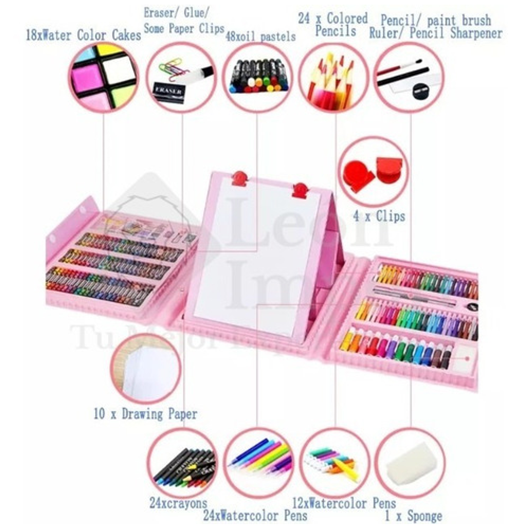 208 Piezas De Arte Para Niña Kit Set De Dibujo Portátil Rosa 8