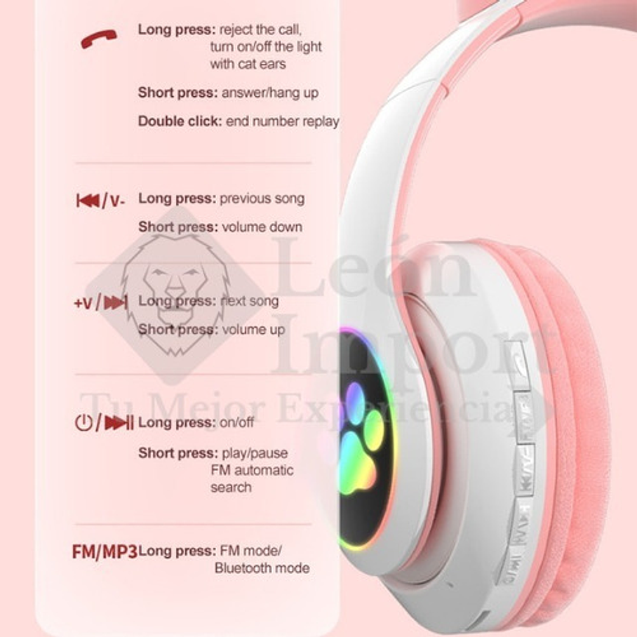 Audífonos Inalámbricos Cat Gato Rosa Luces Rgb 3