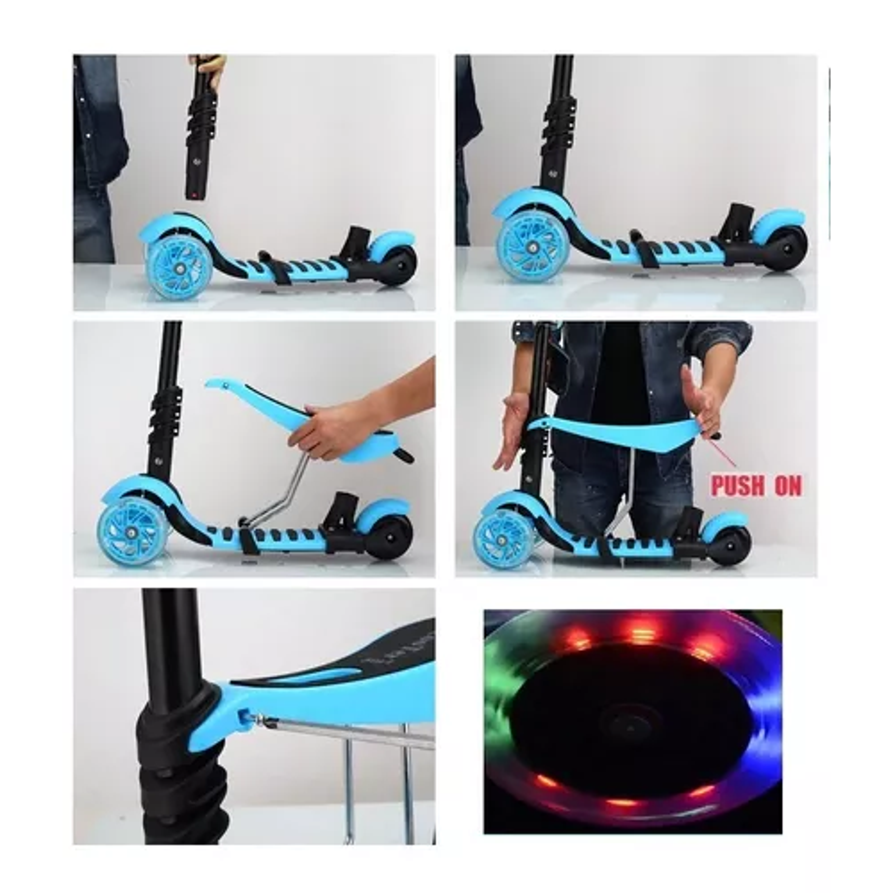 Scooter Monopatín Celeste 3 En 1 Niños Luz Led  4