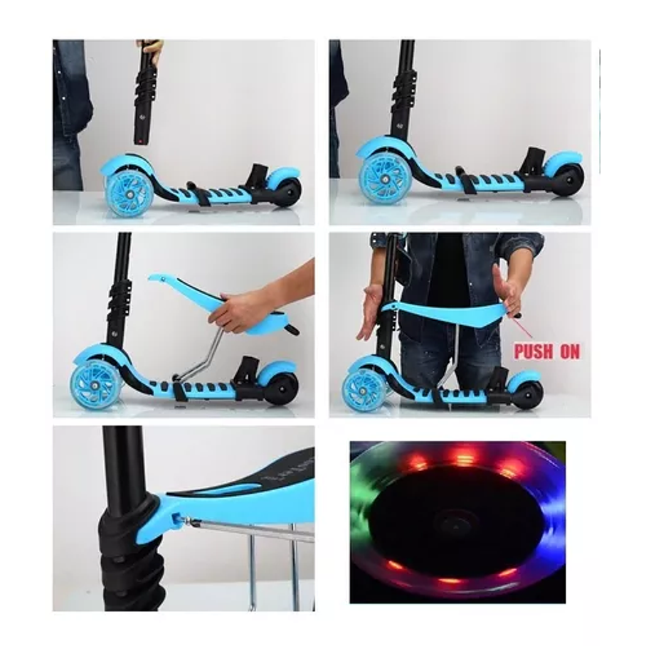 Scooter Monopatín Celeste 3 En 1 Niños Luz Led  4
