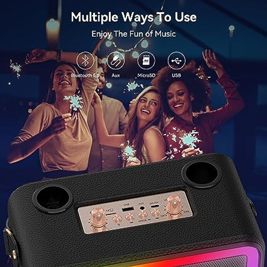 Parlante Karaoke Portatil Bluetooth con Micrófono Luces de Colores 4