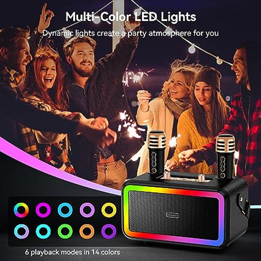 Parlante Karaoke Portatil Bluetooth con Micrófono Luces de Colores 8