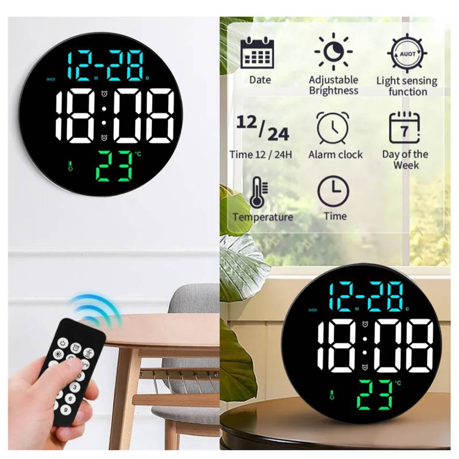 Reloj De Pared Digital Led Grande De 23cm Redondo Con Control Remoto USB 4