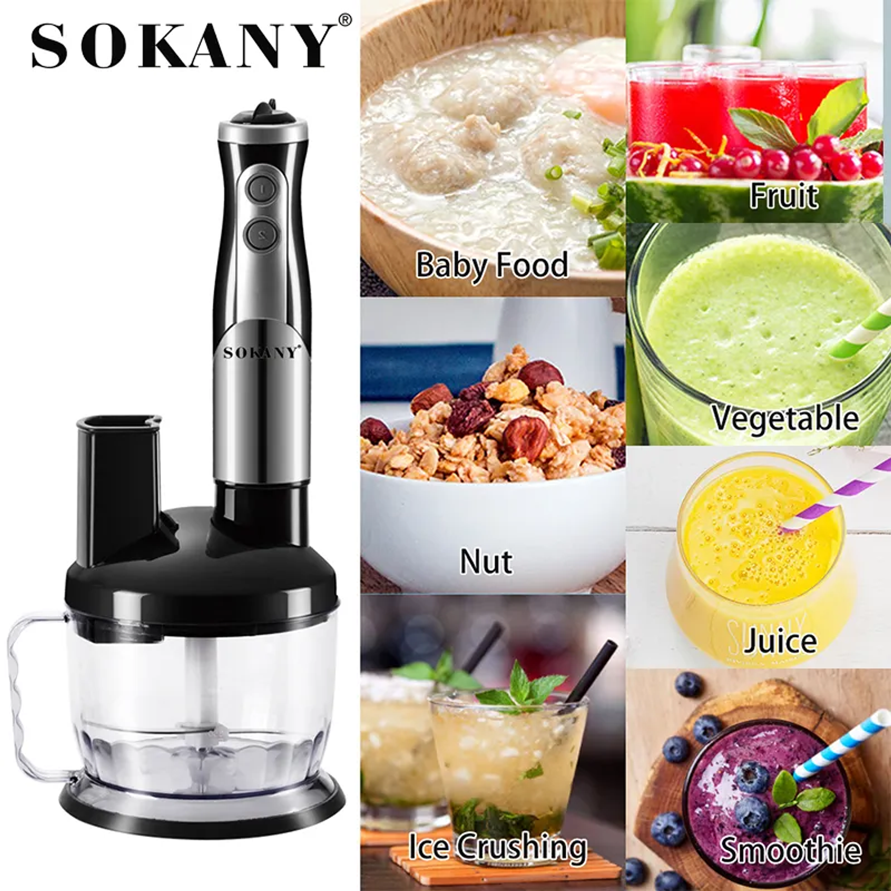 Batidora De Mano 8 En 1 Pará Carne Jugos Verduras Sopas Sokany 2