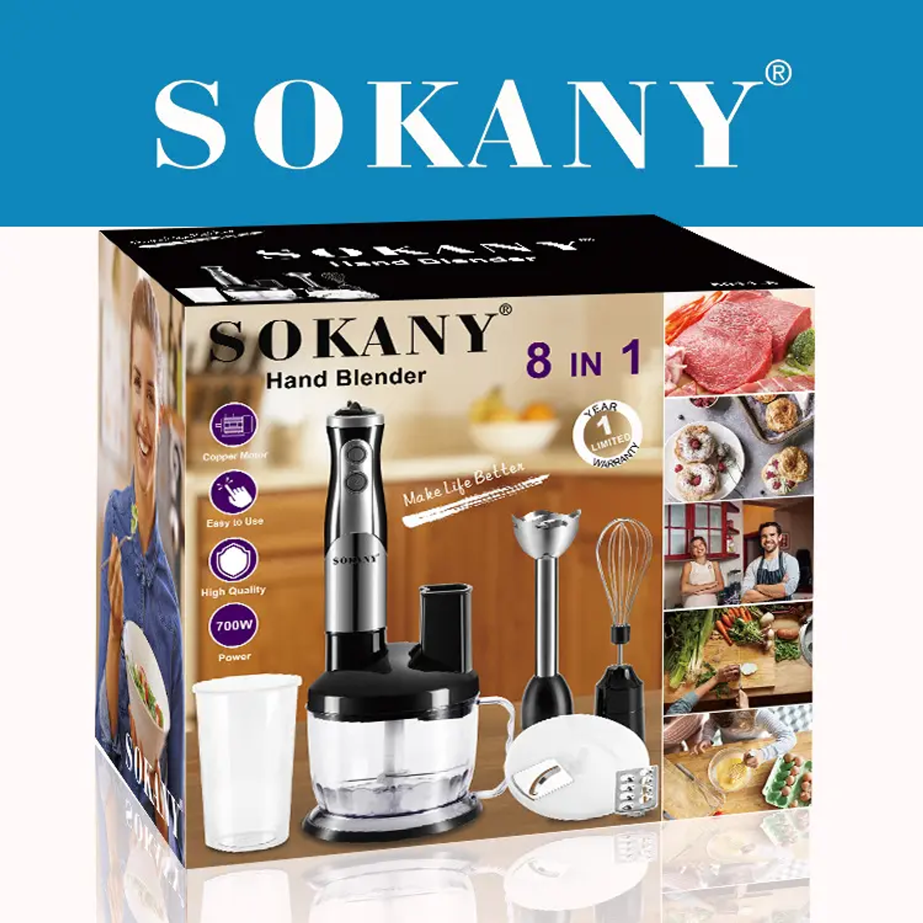 Batidora De Mano 8 En 1 Pará Carne Jugos Verduras Sopas Sokany 4