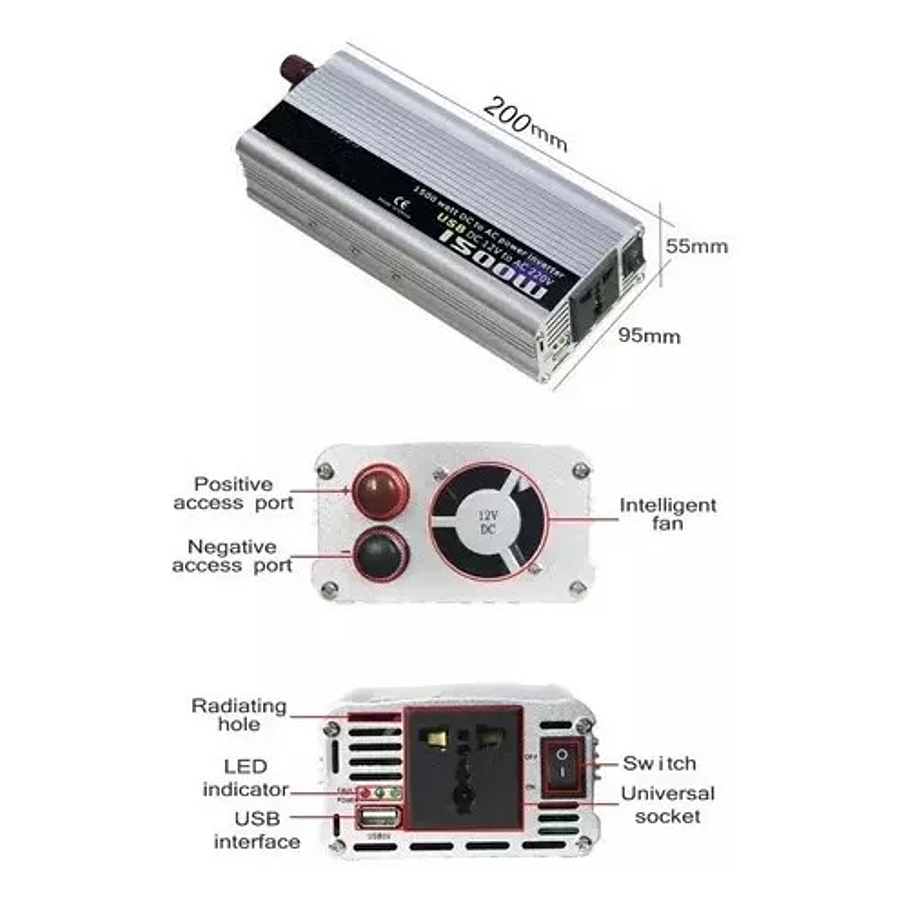 Inversor Voltaje 1500w Corriente 12v A 220v Auto 2
