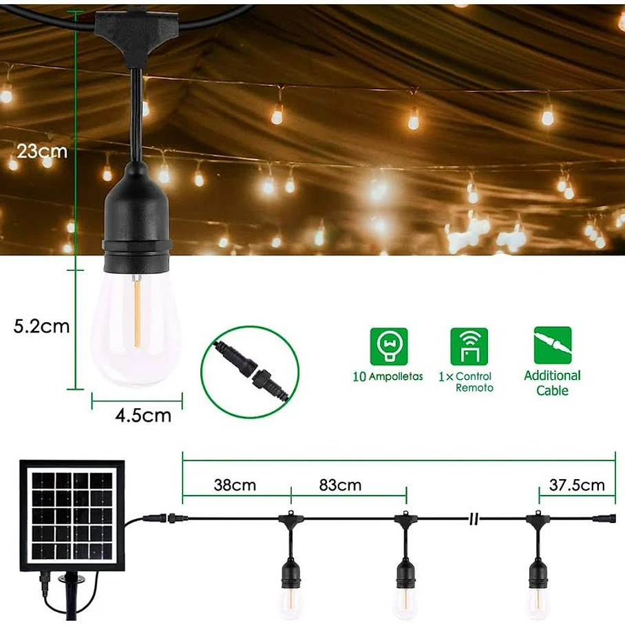  Guirnalda Panel Solar Con 10 Ampolletas Led 10 Metros Luces  2