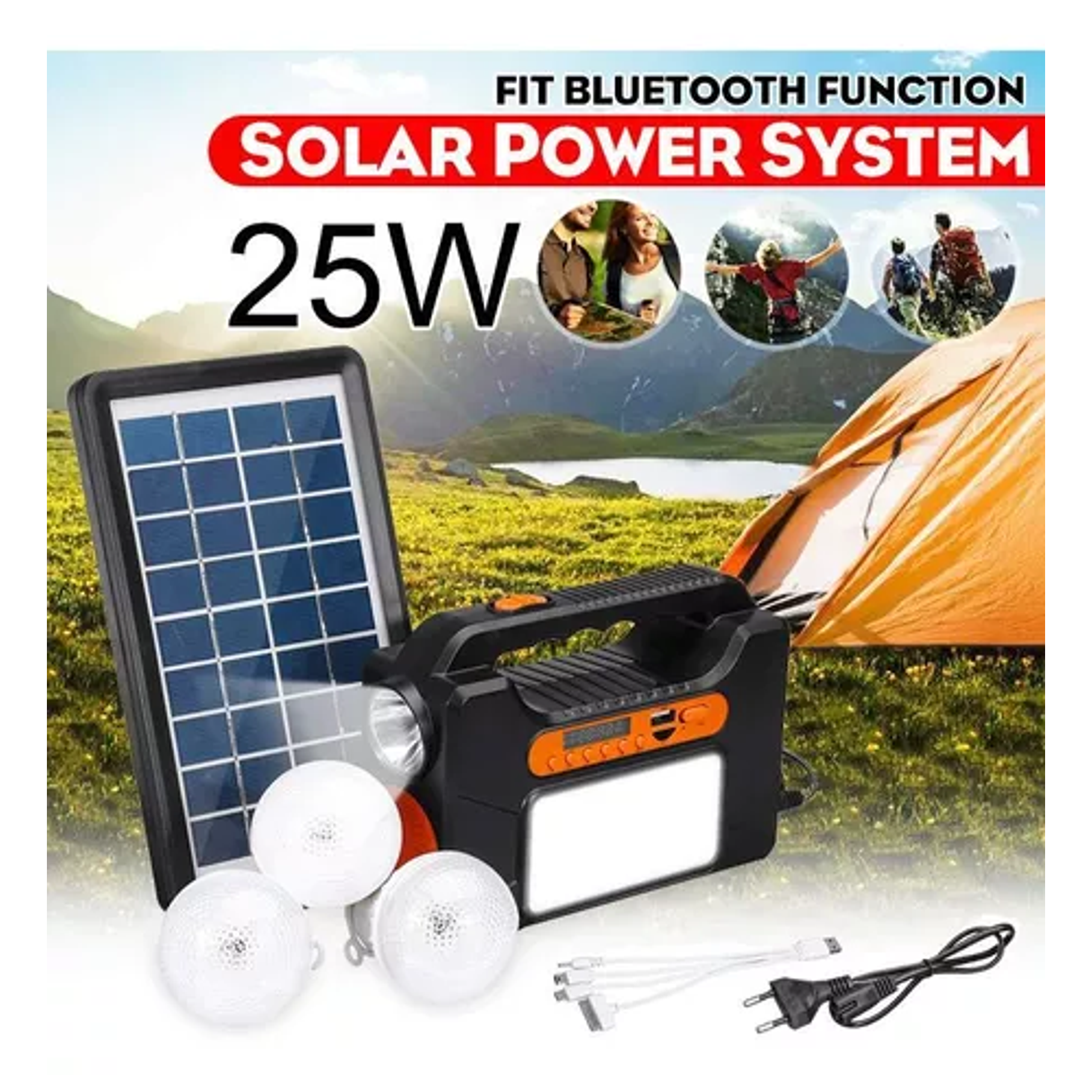 Parlante Bt Usb C/lampara+panel Solar Linterna Camping 3