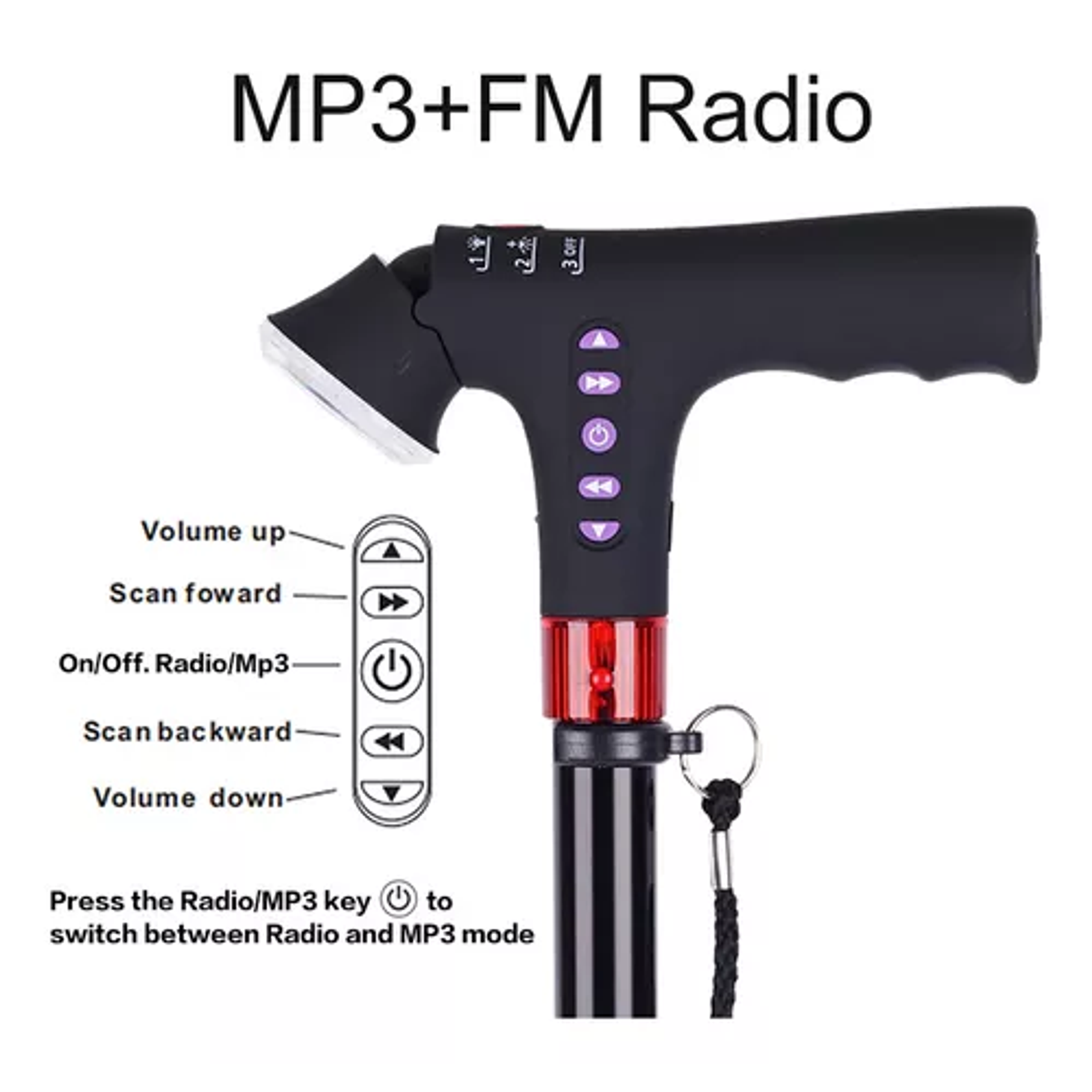 Bastón Ajustable Con Radio Alarma Luz Led 4