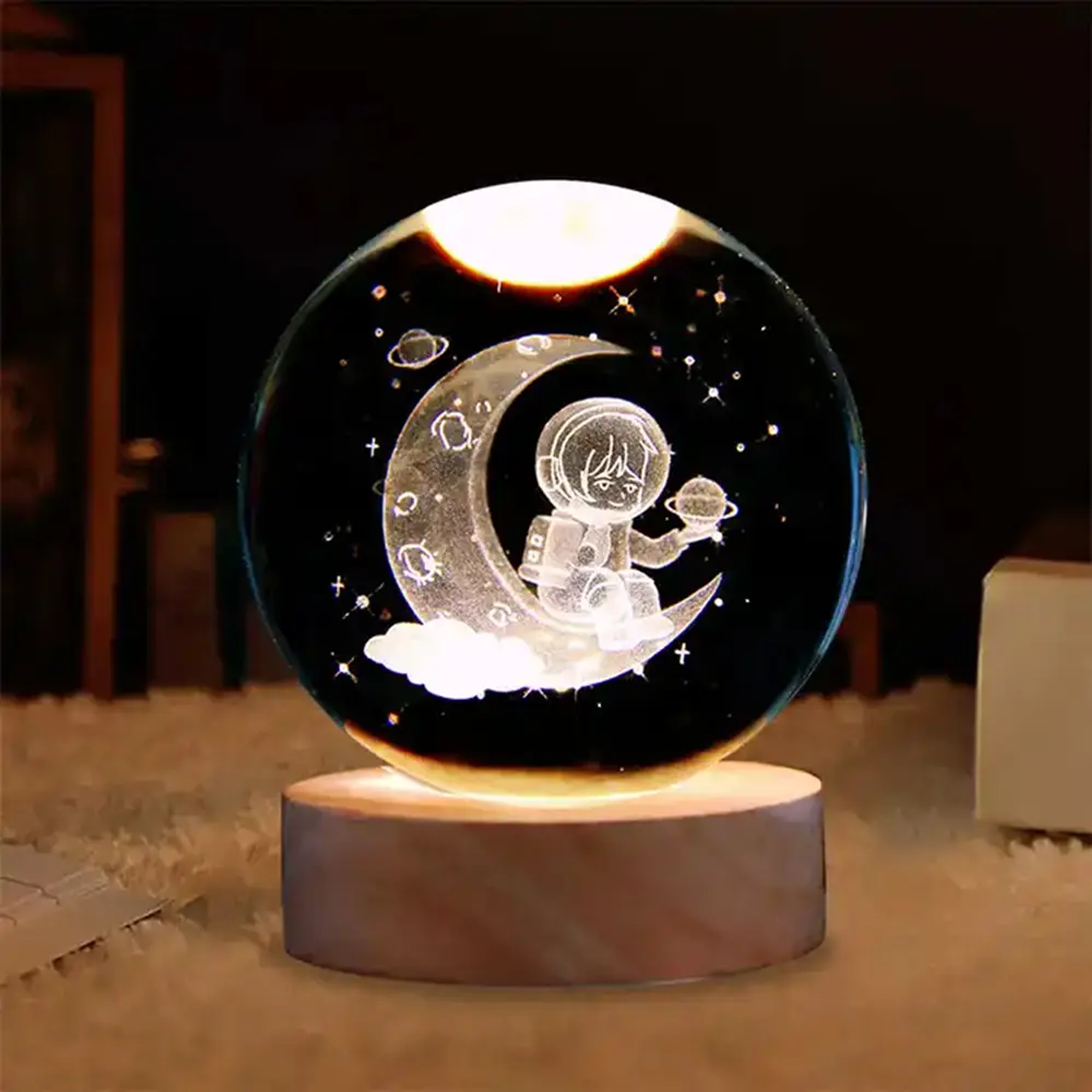 Lampara De Luz Led 3d Bola de Cristal Astronauta Luna 2