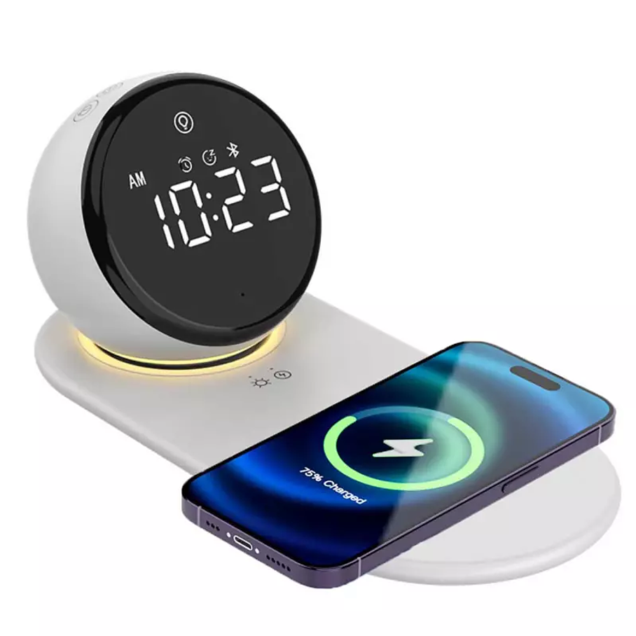 Cargador Inalámbrico Despertador Vidvie Compatible Con Todos Los Celulares Carga Rápida 15W Reloj Parlante Bluetooth  1