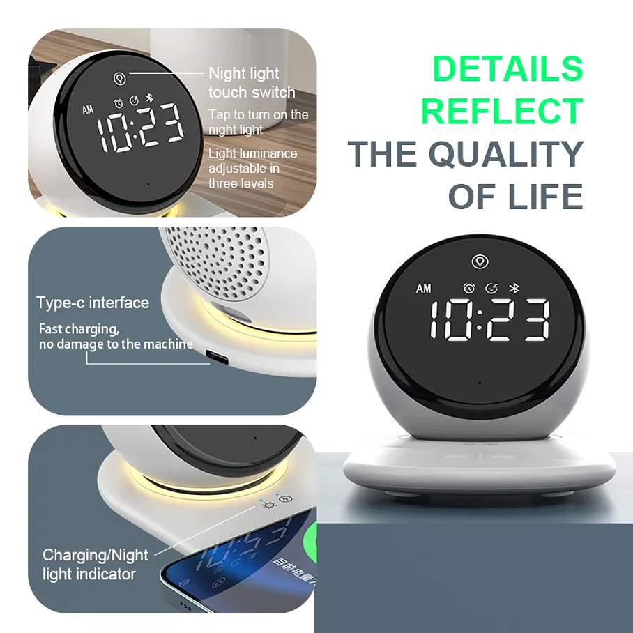 Cargador Inalámbrico Despertador Vidvie Compatible Con Todos Los Celulares Carga Rápida 15W Reloj Parlante Bluetooth  5