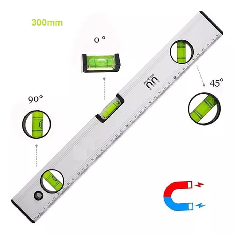 Nivel De 3 Burbujas De Aluminio + Regla De Medición 300mm 2