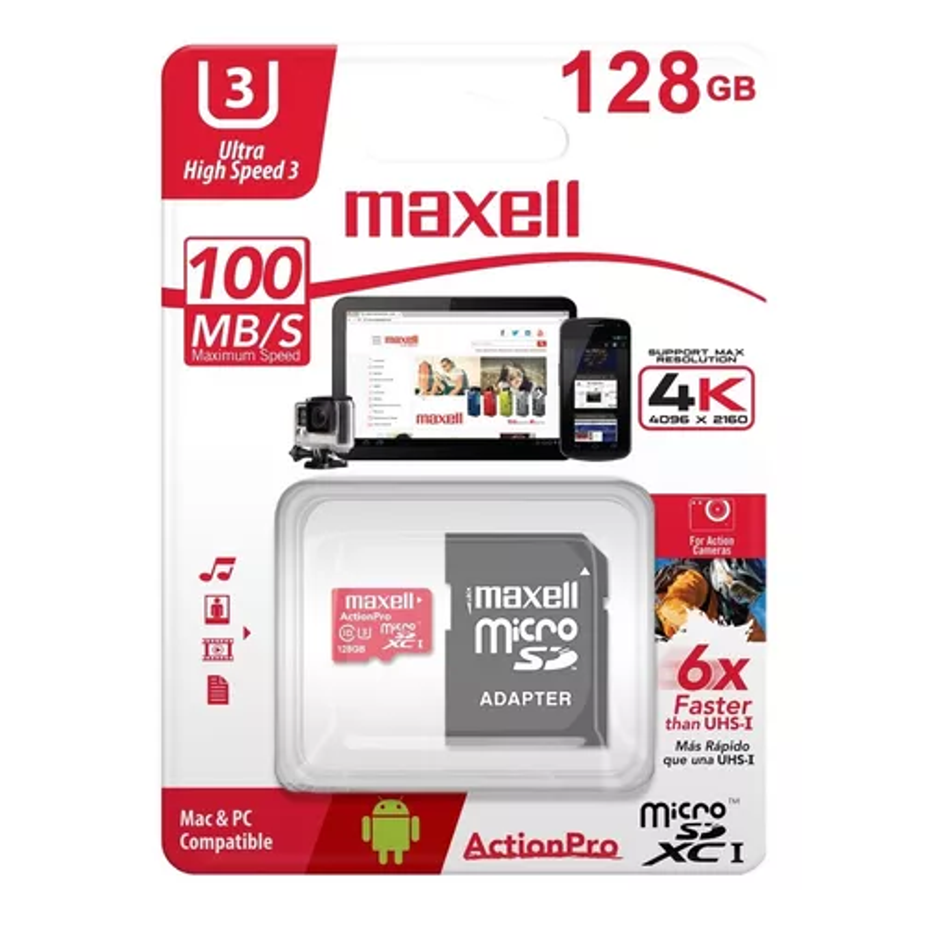 Tarjeta Memoria Micro Sd 128gb Uh3 Con Adaptador Sd Maxell 1