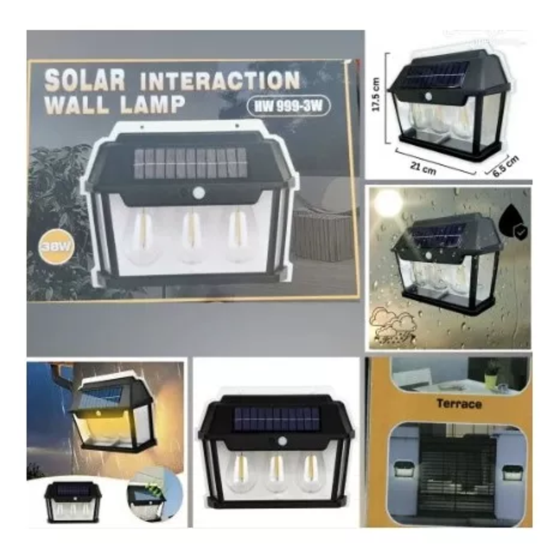 Farol Aplique Led Solar 3 Ampolletas Impermeable Ip65 3