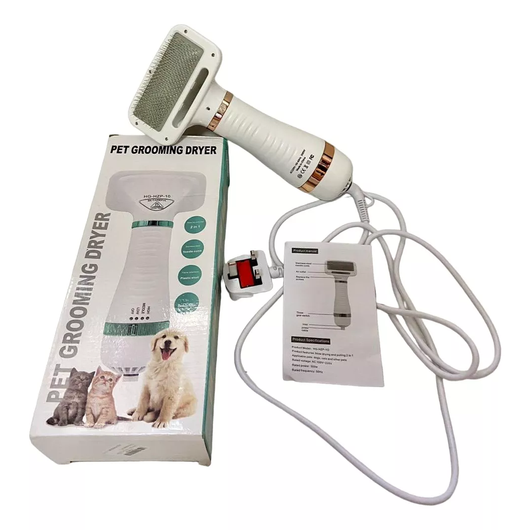 Cepillo Para Mascotas 2 En 1 Gato Perro Peine Secador D/pelo Color Blanco/dorado 4