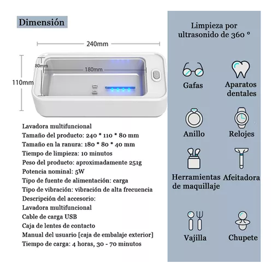 Limpiador Ultrasónico De Joya Lente Dentadura Recargable Usb 6