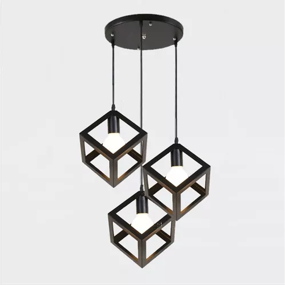 Lampara Colgante Hierro 3 Cuadrado Con Ampolletas  3