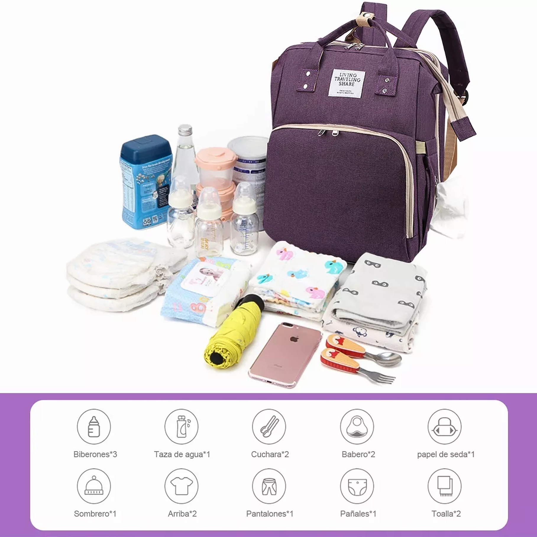 Mochila Panalera Cuna Impermeable Multifunción Bebe Viaje 6